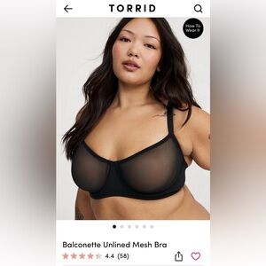 Torrid NWT balconette unlined mesh bra.  Black underwire. 44DD